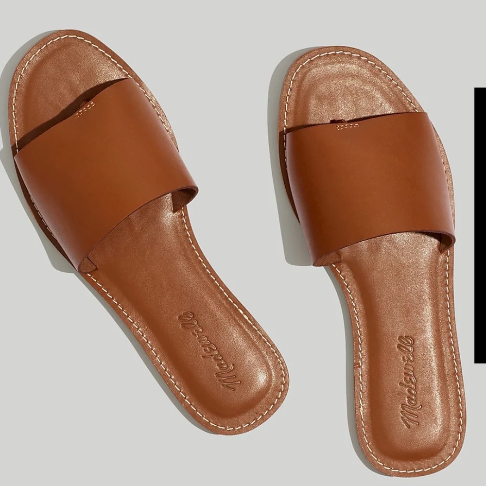 Madewell The Boardwalk Post Slide Sandal, leather. Color name: English Saddle.